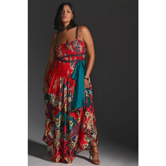Bhanuni by Jyoti Dress Women 2X Pleated Floral Midi Red Floral Anthropologi Boho - Picture 1 of 16